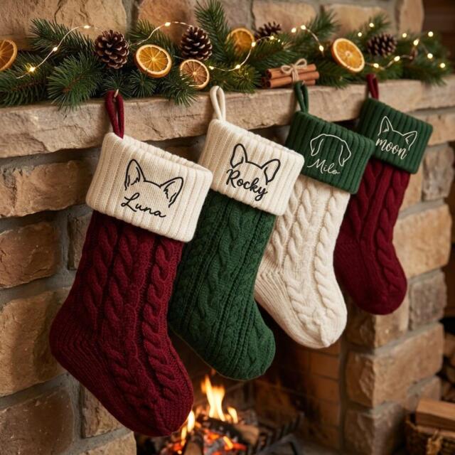 Custom Pet Christmas Stocking, Embroidered Name Stocking With Ear Outline, Personalized Dog Or Cat Holiday Gift For Lovers - image 1