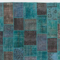Hand-stitched Turquoise Patchwork Rug Upcycled Turkish Rug - 10' X 13' - thumbnail 3