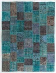 Hand-stitched Turquoise Patchwork Rug Upcycled Turkish Rug - 10' X 13' - thumbnail 1