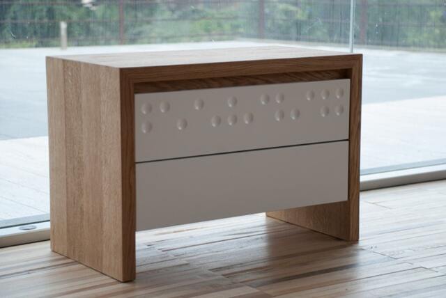 Mid Century Bedside Table in Solid Oak & White With Two Decorated Drawers - image 1