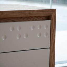 Mid Century Bedside Table in Solid Oak & White With Two Decorated Drawers - thumbnail 3