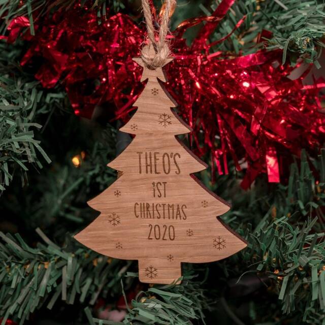 Oak, Cherry Or Walnut Wood - Personalised Baby's 1st First Christmas Xmas Tree & Snowflake Decoration/Bauble Ornament Wooden Engraved - image 1