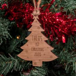 Oak, Cherry Or Walnut Wood - Personalised Baby's 1st First Christmas Xmas Tree & Snowflake Decoration/Bauble Ornament Wooden Engraved - thumbnail 1
