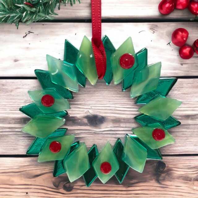 Handmade Fused Glass Wreath Ornament - Christmas Tree Decoration, Gift Box Included Secret Santa - image 1