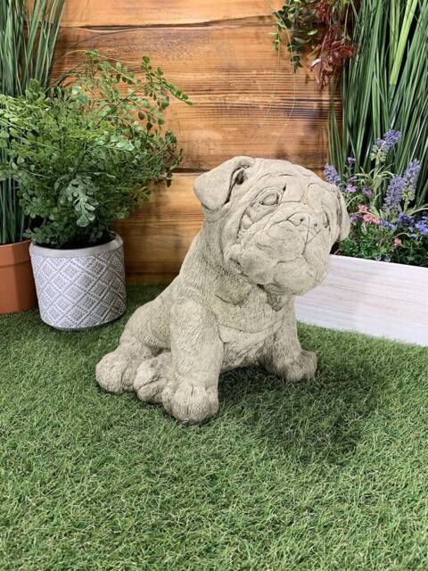Stone Garden Cute Bulldog Pup Puppy Hand Cast Statue Gift Ornament - image 1