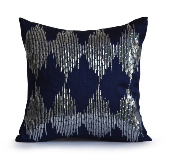 Navy Blue Silver Pillow Cover, Pillow, Sequin Pillowcase, Silk Throw Ikat Cushion - image 1