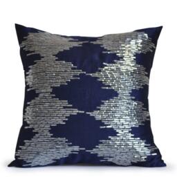 Navy Blue Silver Pillow Cover, Pillow, Sequin Pillowcase, Silk Throw Ikat Cushion - thumbnail 2