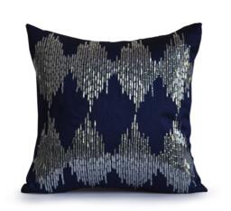 Navy Blue Silver Pillow Cover, Pillow, Sequin Pillowcase, Silk Throw Ikat Cushion - thumbnail 1