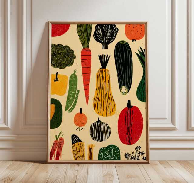 Modern Vegetable Poster, Rustic Farmers Market Wall Art, Retro Kitchen Colorful Carrot & Broccoli Print, Botanical Food Illustration - image 1