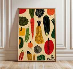 Modern Vegetable Poster, Rustic Farmers Market Wall Art, Retro Kitchen Colorful Carrot & Broccoli Print, Botanical Food Illustration - thumbnail 1