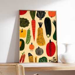 Modern Vegetable Poster, Rustic Farmers Market Wall Art, Retro Kitchen Colorful Carrot & Broccoli Print, Botanical Food Illustration - thumbnail 2