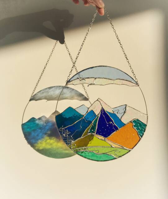 stain Glass Panel Suncatcher Picture Mountains Hill Landscape Home Decor For Window Wall Cling Nature Gift For Mothers Day House - image 1