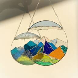 stain Glass Panel Suncatcher Picture Mountains Hill Landscape Home Decor For Window Wall Cling Nature Gift For Mothers Day House - thumbnail 2