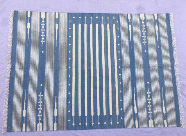 4x6 Light Denim & White Stripes Cotton Rug Dhurrie - Colour - image 1