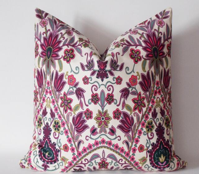 Floral Linen Throw Pillow Cover Rubin Red, Pink, Green - 20x20 - image 1