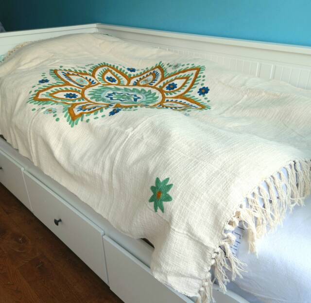 Handwoven Cotton Throw With Flower Embroidery On Ivory Background/Printed Boho Bedthrow Handmade Boho Tapestry Wall Hanging Mandala - image 1