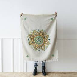 Handwoven Cotton Throw With Flower Embroidery On Ivory Background/Printed Boho Bedthrow Handmade Boho Tapestry Wall Hanging Mandala - thumbnail 2