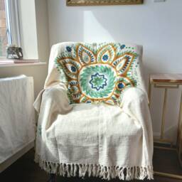 Handwoven Cotton Throw With Flower Embroidery On Ivory Background/Printed Boho Bedthrow Handmade Boho Tapestry Wall Hanging Mandala - thumbnail 3