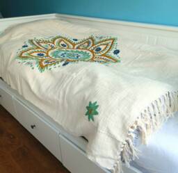 Handwoven Cotton Throw With Flower Embroidery On Ivory Background/Printed Boho Bedthrow Handmade Boho Tapestry Wall Hanging Mandala - thumbnail 1