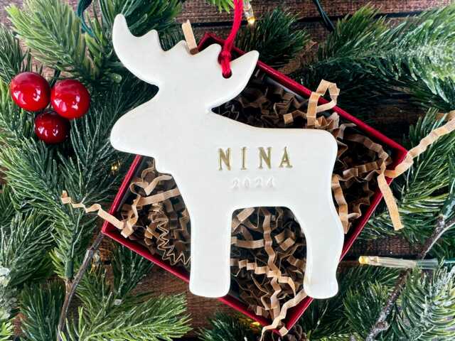 Personalized Moose Christmas Ornament With Name - Pick The Text Color Custom Child's First Xmas Gift - image 1