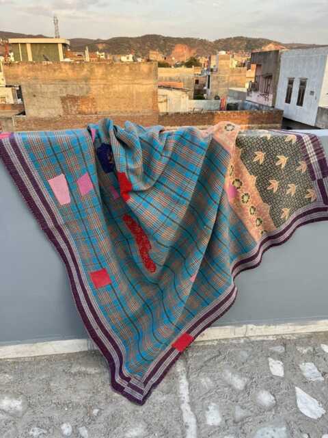 Boho Cotton Kantha Quilt Reversible Patchwork Block Print Handmade Blanket - image 1