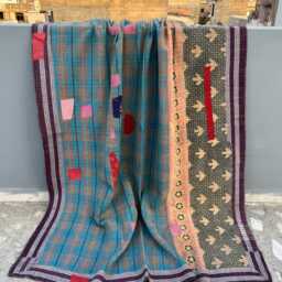 Boho Cotton Kantha Quilt Reversible Patchwork Block Print Handmade Blanket - thumbnail 3
