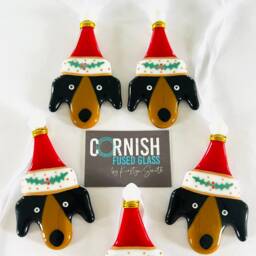 Fused Glass Dog Christmas Decoration -Fused Ornament, Dog Decoration, Santa Hat Cornish Fused Glass - thumbnail 3
