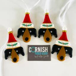 Fused Glass Dog Christmas Decoration -Fused Ornament, Dog Decoration, Santa Hat Cornish Fused Glass - thumbnail 2