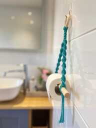 Teal Toilet Roll Holder Macrame Wall Hanging, Boho Bathroom Storage, Rustic Bath Accessory, Cotton Rope Loo Decor, Cloakroom Organisation