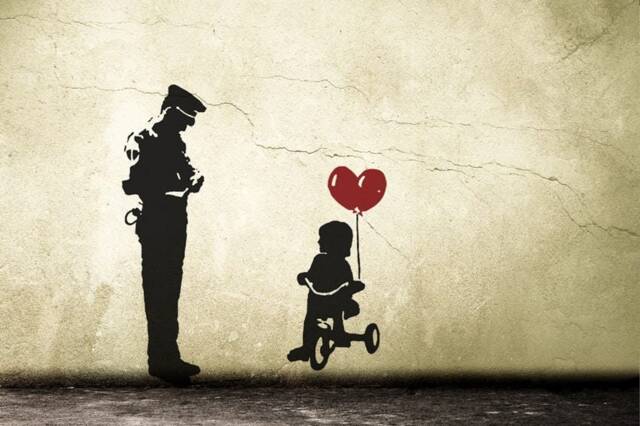 Wall Decal Banksy Tricycle Cop, Police Guard & Ballon Girl, Street Art Wall Sticker, Graffiti, Vinyl Art, Urban Interior, Home Decor - image 1