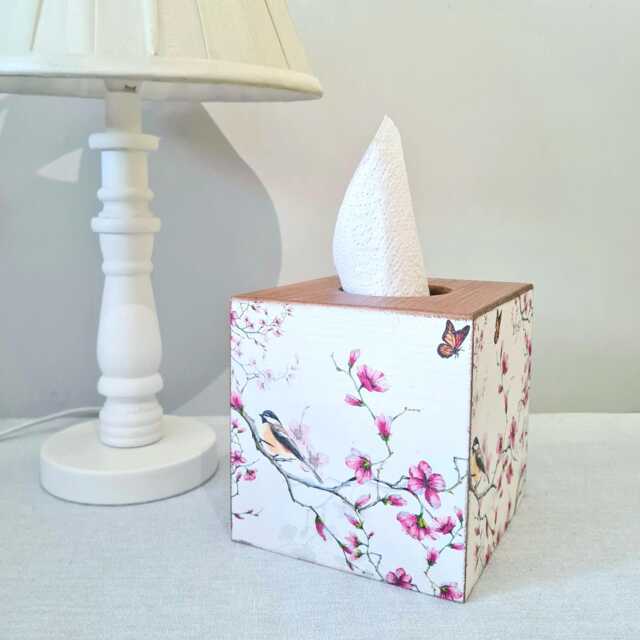 Cherry Blossom Birds Tissue Box, Pink Floral Luxury Pine Wooden Cover, Hand Decorated - image 1
