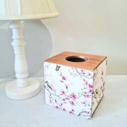 Cherry Blossom Birds Tissue Box, Pink Floral Luxury Pine Wooden Cover, Hand Decorated - thumbnail 2