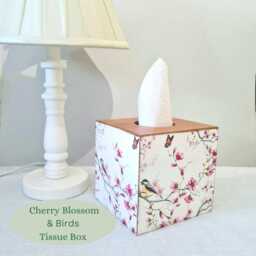 Cherry Blossom Birds Tissue Box, Pink Floral Luxury Pine Wooden Cover, Hand Decorated - thumbnail 3