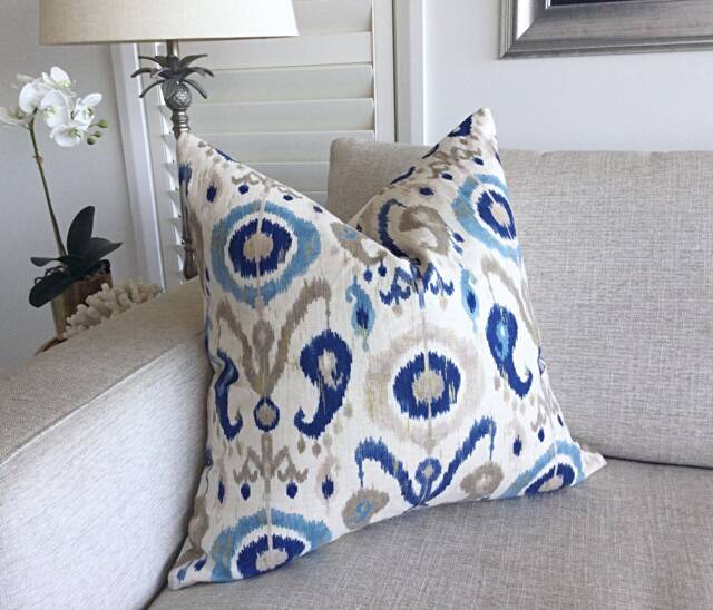 Blue Ikat Linen Cushion Cover, Gold Accents - image 1