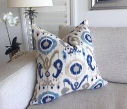 Blue Ikat Linen Cushion Cover, Gold Accents - thumbnail 1