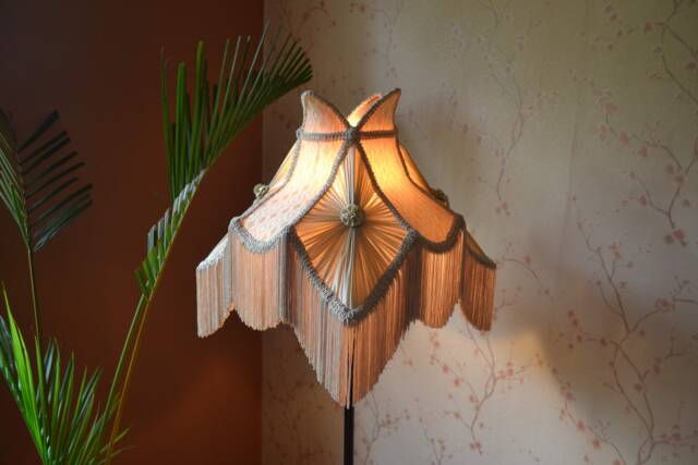 Hand-stitched Beige Lampshade Pleated Brocade Fabric, E27 Fitting - image 1
