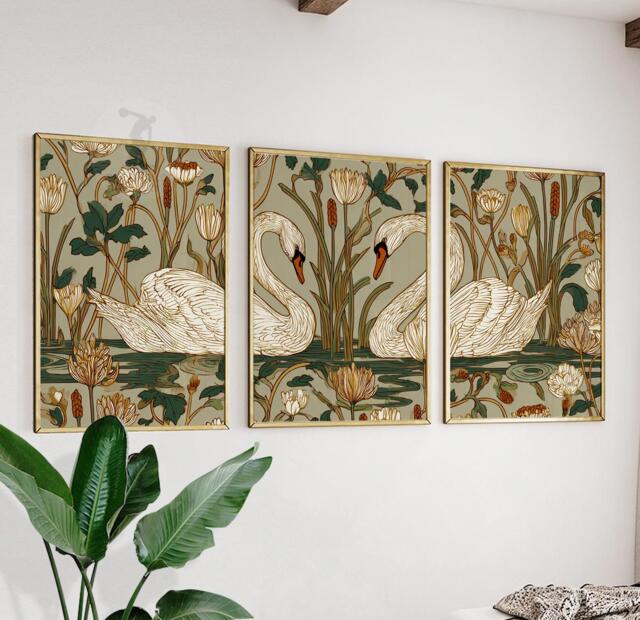 Swan Wall Art Set Of 3 - Nouveau Botanical Print in Cream & Gold Romantic Water Lily Pond Artwork Elegant Nature Decor - image 1