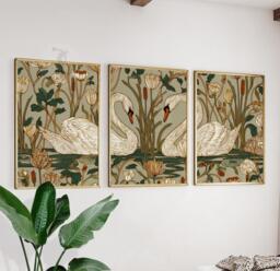 Swan Wall Art Set Of 3 - Nouveau Botanical Print in Cream & Gold Romantic Water Lily Pond Artwork Elegant Nature Decor