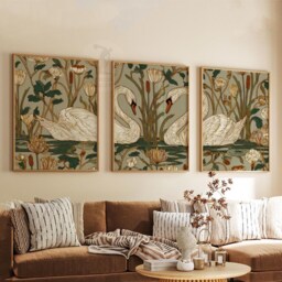 Swan Wall Art Set Of 3 - Nouveau Botanical Print in Cream & Gold Romantic Water Lily Pond Artwork Elegant Nature Decor - thumbnail 3