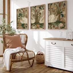 Swan Wall Art Set Of 3 - Nouveau Botanical Print in Cream & Gold Romantic Water Lily Pond Artwork Elegant Nature Decor - thumbnail 2