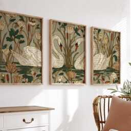 Swan Wall Art Set Of 3 - Nouveau Botanical Print in Cream & Gold Romantic Water Lily Pond Artwork Elegant Nature Decor - thumbnail 4