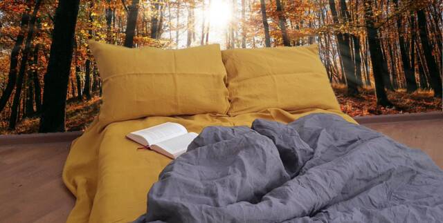 Mustard Yellow & Grey Linen Bedding Set 2 Pillowcases Duvet Cover, Full - King Size Queen Size, New Home Gift Ideas - image 1