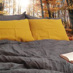 Mustard Yellow & Grey Linen Bedding Set 2 Pillowcases Duvet Cover, Full - King Size Queen Size, New Home Gift Ideas - thumbnail 2
