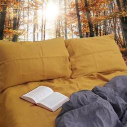 Mustard Yellow & Grey Linen Bedding Set 2 Pillowcases Duvet Cover, Full - King Size Queen Size, New Home Gift Ideas - thumbnail 3