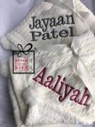 Personalised Newborn Cable Knitted Baby Blanket Wrap Prop Name Embroidered Pom Pom/Sherpa Aqiqah Birthday Shower Pregnancy Announcement Gift - thumbnail 1