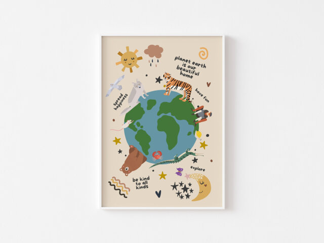 Animals Planet Earth Kids Print - Nursery Print, Our World, Explore Earth, Love Beautiful Positivity, Boho Bedroom Art - image 1