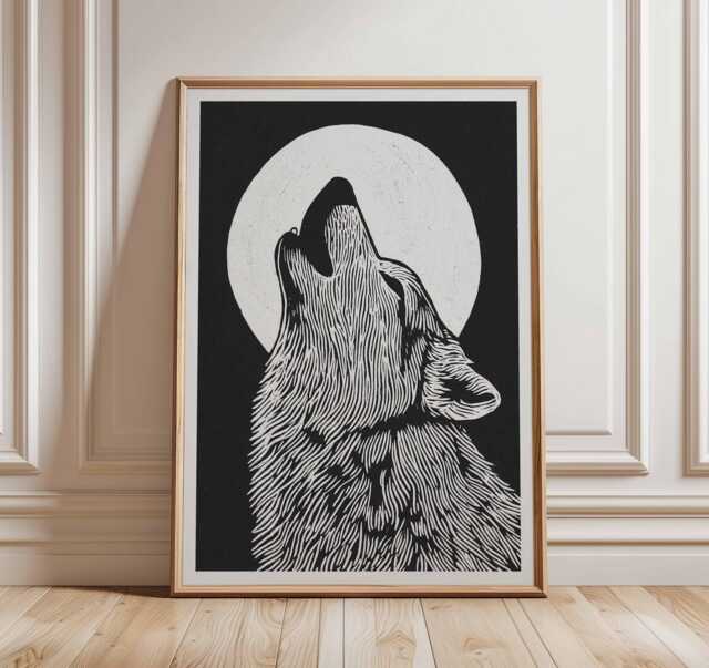 Wolf Poster, Howling Wall Art, Moon Animal Print, Black & White Artwork, Wild Nature Illustration, Nordic Minimalist Decor - image 1
