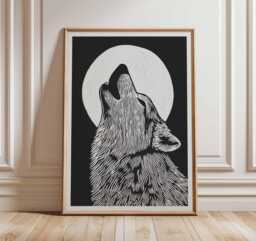 Wolf Poster, Howling Wall Art, Moon Animal Print, Black & White Artwork, Wild Nature Illustration, Nordic Minimalist Decor - thumbnail 1