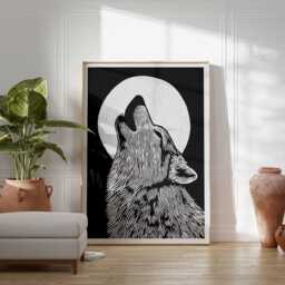 Wolf Poster, Howling Wall Art, Moon Animal Print, Black & White Artwork, Wild Nature Illustration, Nordic Minimalist Decor - thumbnail 3