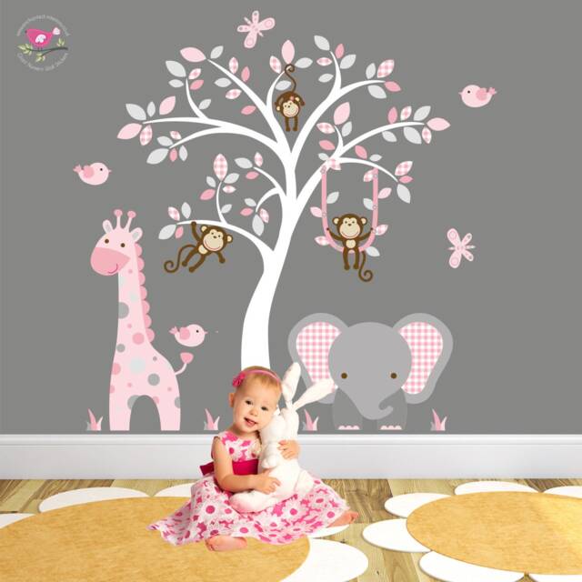 Pink & Grey Jungle Animals Wall Decals Baby Girl Nursery Decor - image 1